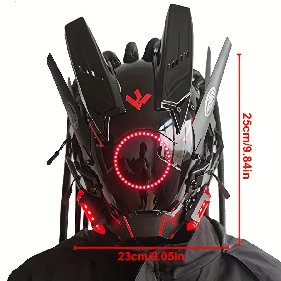 1pc Fashion Cool LED Punk Mask with Braids, Futurist Sci Fi Mechanical Mask Halloween Cosplay Samurai Mask Music Festival Party Cool Play Accessories Adult Gift