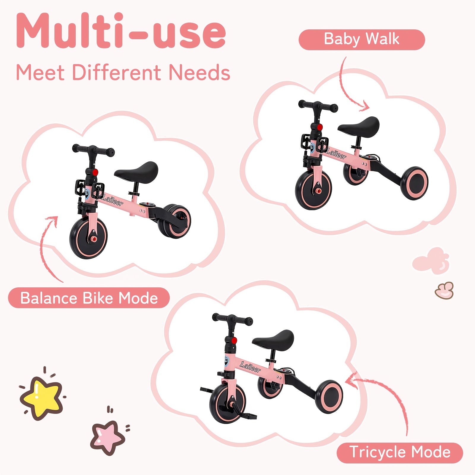 [3-In-1 Bike & Trike] Winfire 3-In-1 Toddler Balance Bike And Convertible Trike for Kids 2, Adjustable Bike with Foldable Rear Wheels, Removable Pedals, Kids Tricycle And Balance Bike Combo