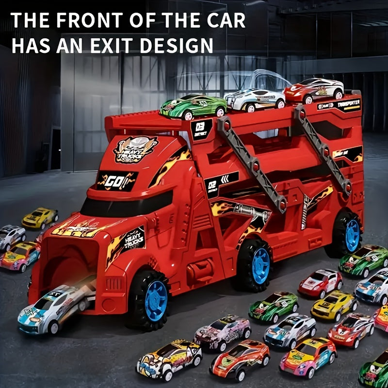 Red Transforming Launcher Truck Playset with 8 Alloy Cars - Foldable Storage Transporter Toy - Durable ABS Construction - Suitable for Ages 3+