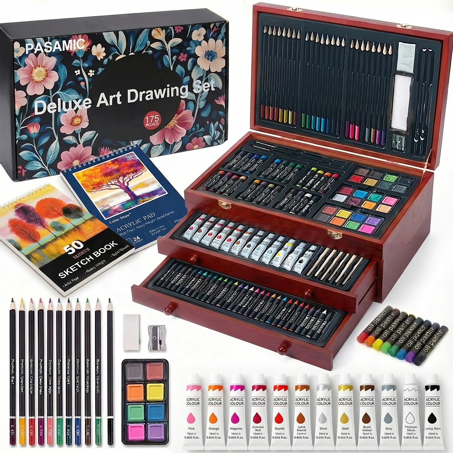 172pcs Deluxe Art Set with An Exquisite Gift Box And 2 Drawing Pads, Crayons, Acrylic Paints, Colored Pencils Set In Wooden Case, Professional Art Kit, Paint Supplies, Gift, Christmas, Art & Crafts, Craft Kits