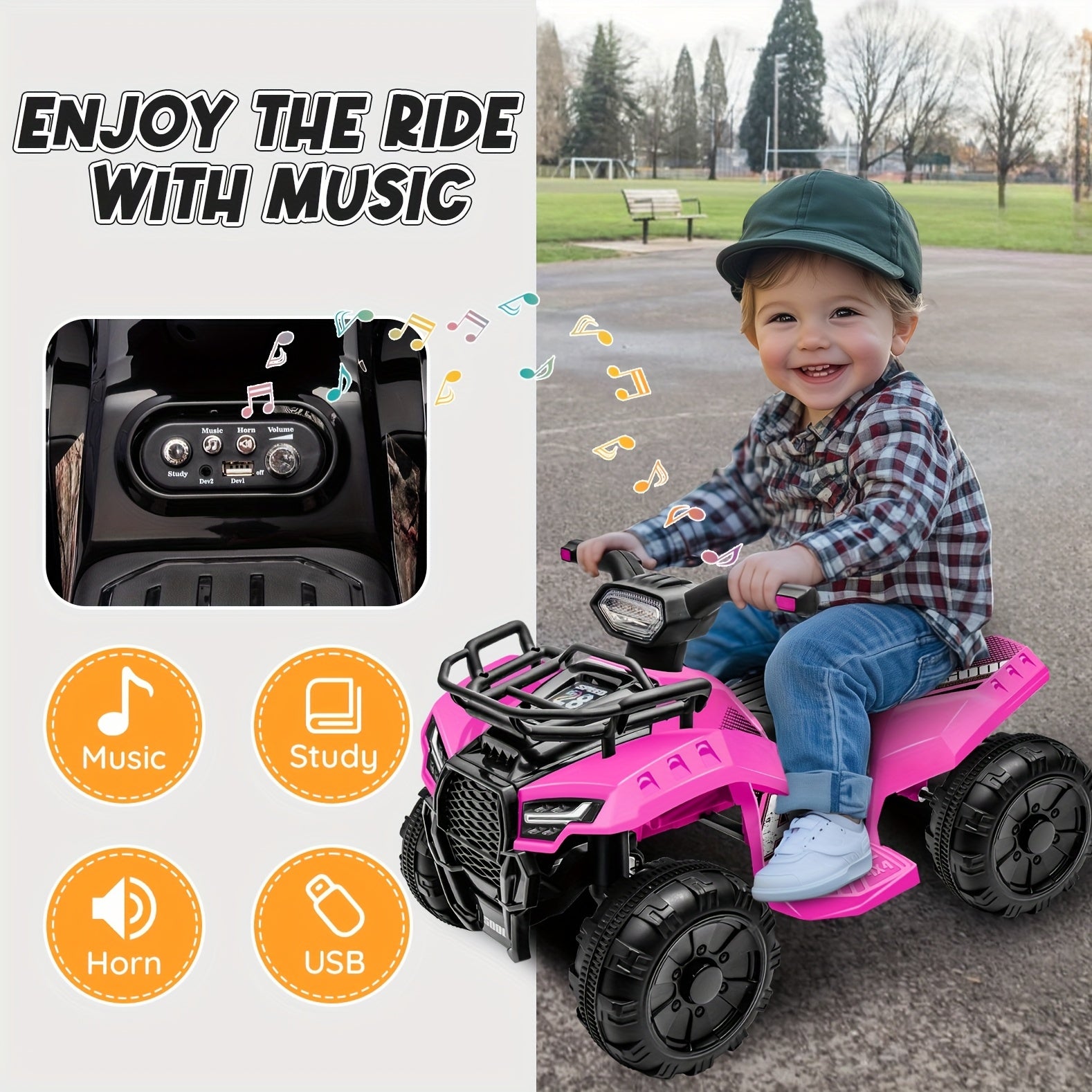 1pc 6V Kids Ride on Toy, 4-Wheeler Quad ATV with 1.2MPH Max Speed, Treaded Tires, Rubber Handles, Push-Button Go, Electric Ride on Toys Best Gifts for 18-36 Months Boys Girls