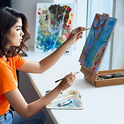 14pcs New Outdoor Painting Set Painting Box, Sketch Box, Portable Adjustable Wooden Tabletop Easel, Including Paint, Tray, Canvas, 4 Pens, Shovel