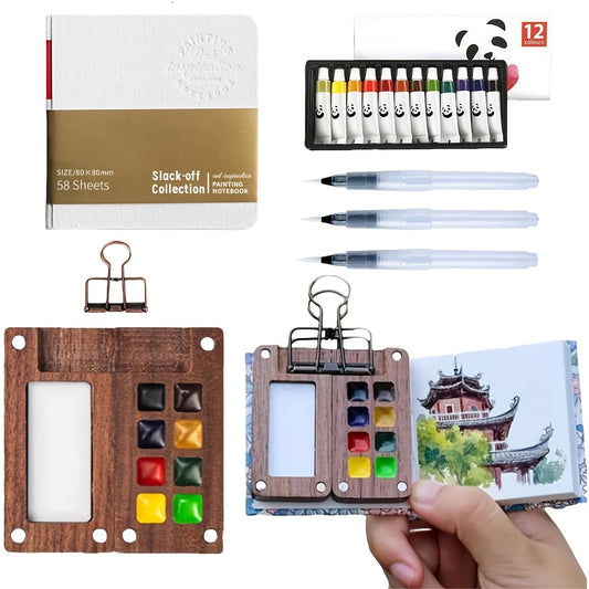 [Portable Painting Kit] Pocket Watercolor And Acrylic Paint Set, With 2.36 Inch 8-Grid Mini Palette, 5Ml 12 Colors Paints, Brushes And Portable Sketchbook; 24 Colors With 15-Grid Palette And 3 Brushes Also Available, Portable Painting Kit For Outdoor Sket