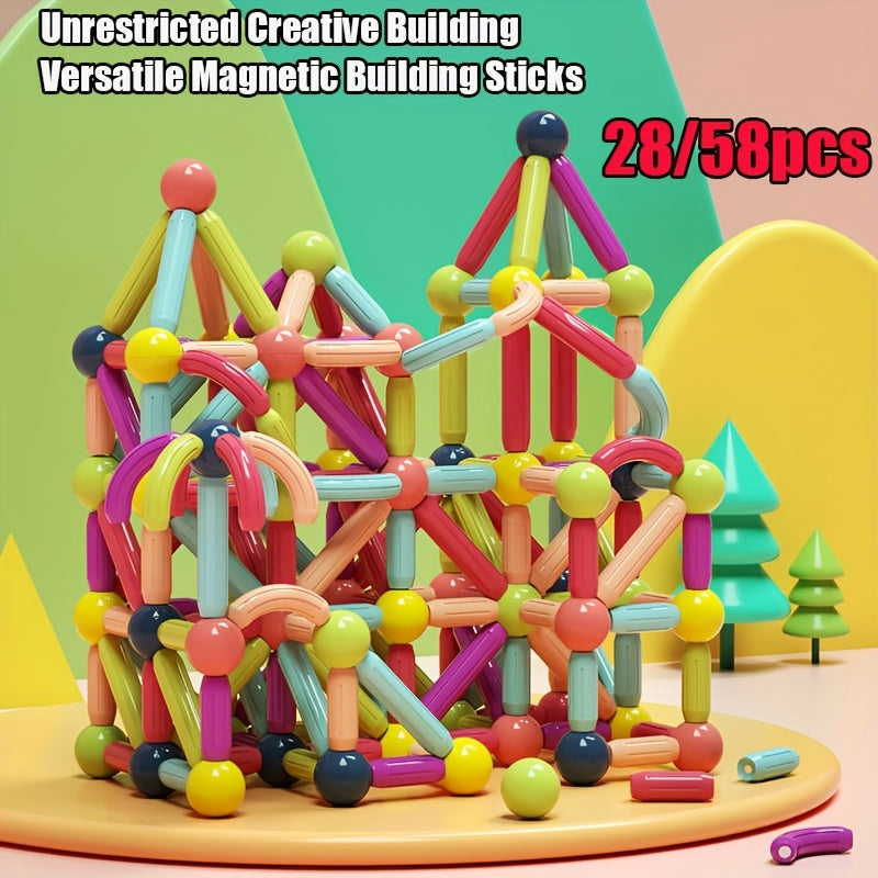 58/28-Piece Creative Magnetic Building Sticks Set, Can Build Various 3D Structures, Stimulate Children's Imagination, Creativity And STEM Skills, Suitable for Family, Classroom And Group Play.