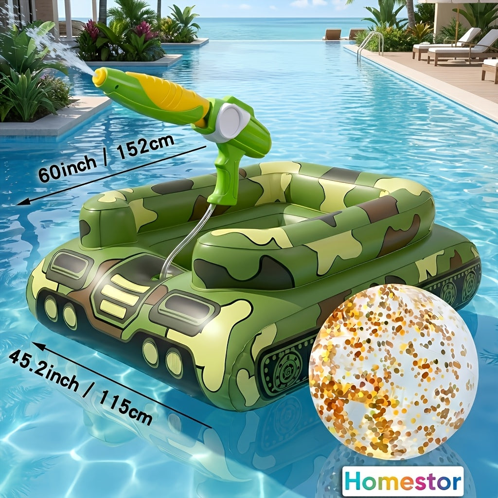 60-Inch XL Inflatable Pool Float, Ride-On Tugboat Raft with Built-in Sprayer, Heavy Duty PVC Floating Lounger, Includes 16-Inch Beach Ball, Splash Water System, Adult Swim Party Oasis, Durable Blow-Up Float for Lake Beach, Puncture-Resistant Mat