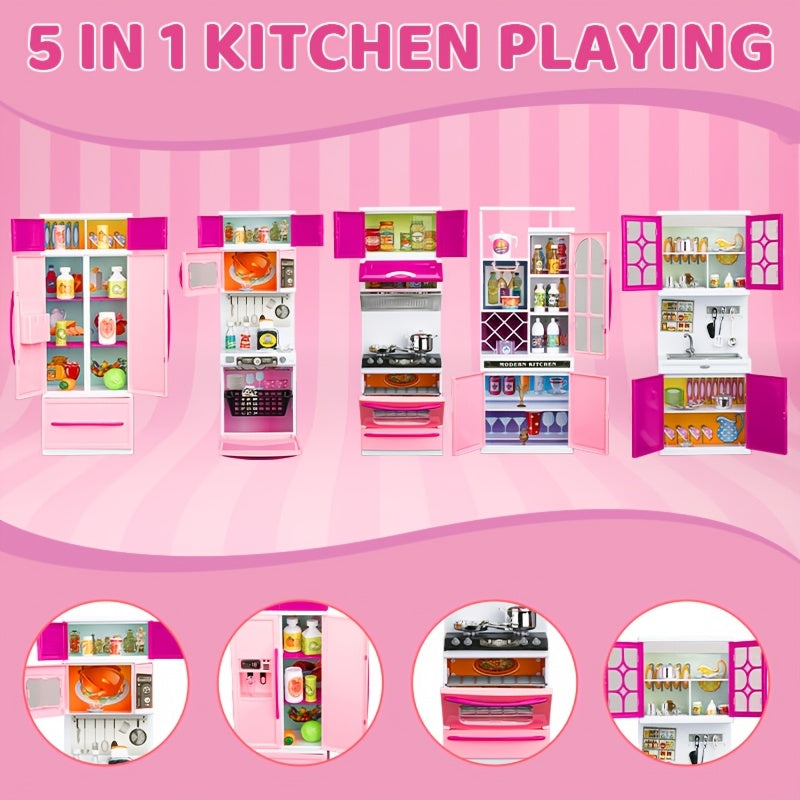 64pcs Pink Kitchen Toys with Lights And Sounds Mini Furniture Sets Doll Playset Toys
