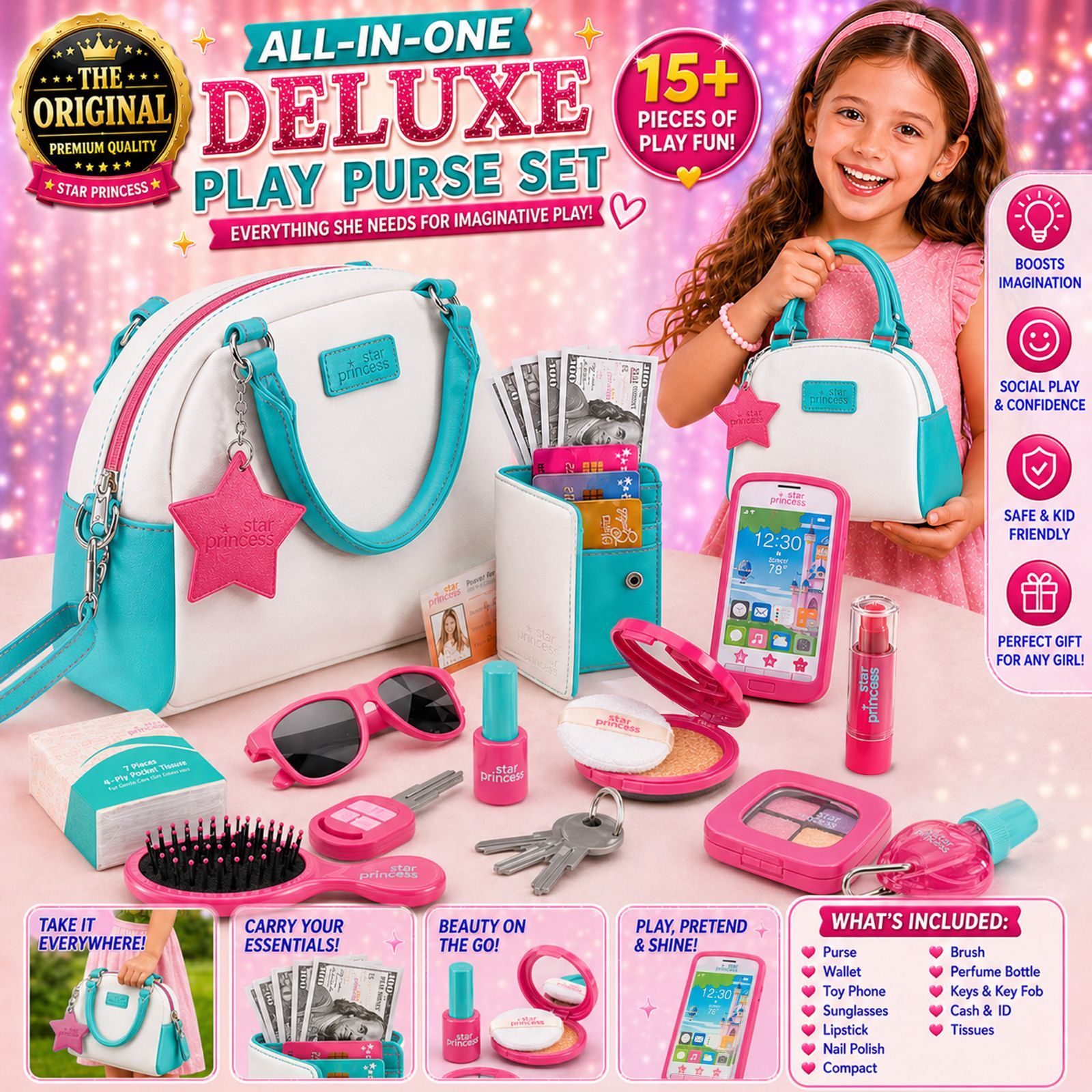Girls Pretend Play Purse Set with Toy Phone, Makeup, Wallet, Keys and Credit Cards – Role Play Accessories for Girls Ages 3 to 8