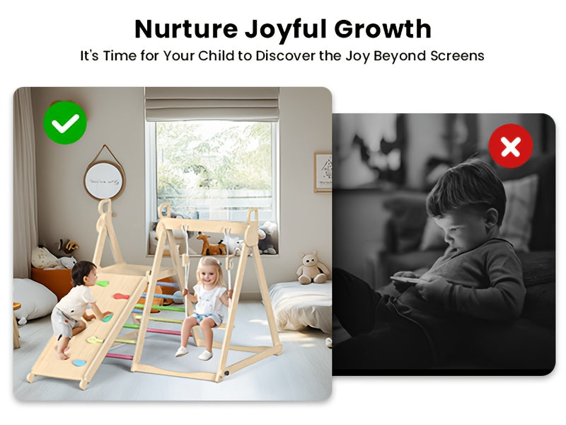 5-in-1 Foldable Indoor Jungle Gym for Toddlers Wooden Climbing Set with Slide, Swing, Ladder, Toddler Playground Playset for Kids 708.66inch+, Cognitive Development, Coordination (Rainbow, Blue).