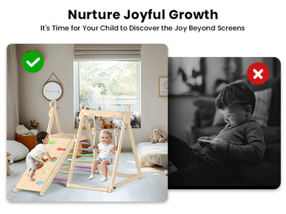 5-in-1 Foldable Indoor Jungle Gym for Toddlers Wooden Climbing Set with Slide, Swing, Ladder, Toddler Playground Playset for Kids 708.66inch+, Cognitive Development, Coordination (Rainbow, Blue).