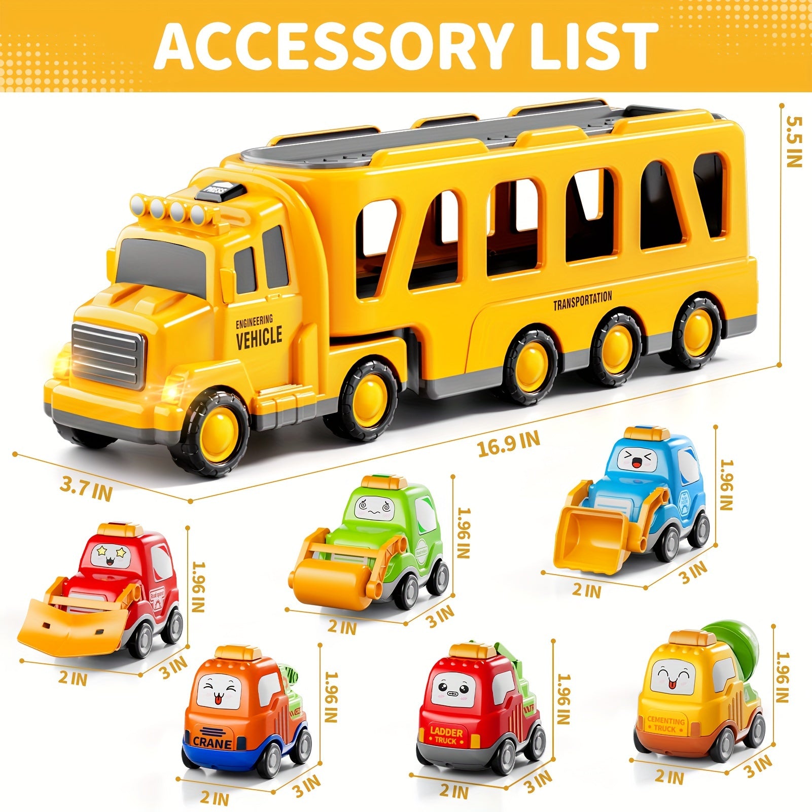 [Birthday Gift] Trucks Toys for Boys Kids, 16.9in Longer Transport Construction Truck with 6 Cars, Car Truck Toys with Lights & Sounds, Birthday Gift for Boys And Girls