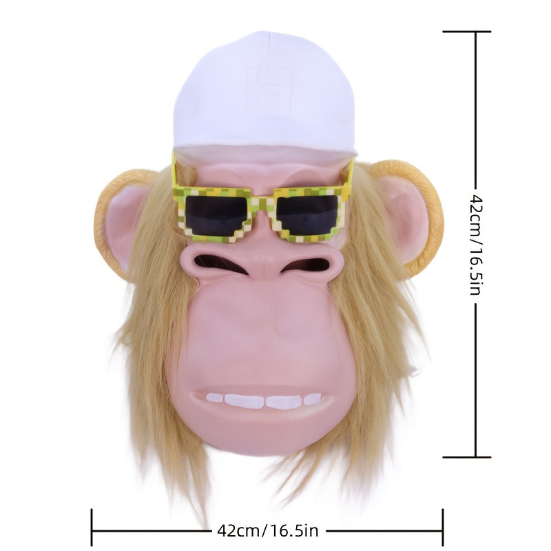 [Halloween] 1pc Funny Plush Monkey Mask - Cute Cartoon Animal Costume with White Hair, Fashion Glasses & Hat - Soft Latex Full Head Design for Halloween Parties, Role-Playing - One Size Fits Most Adults