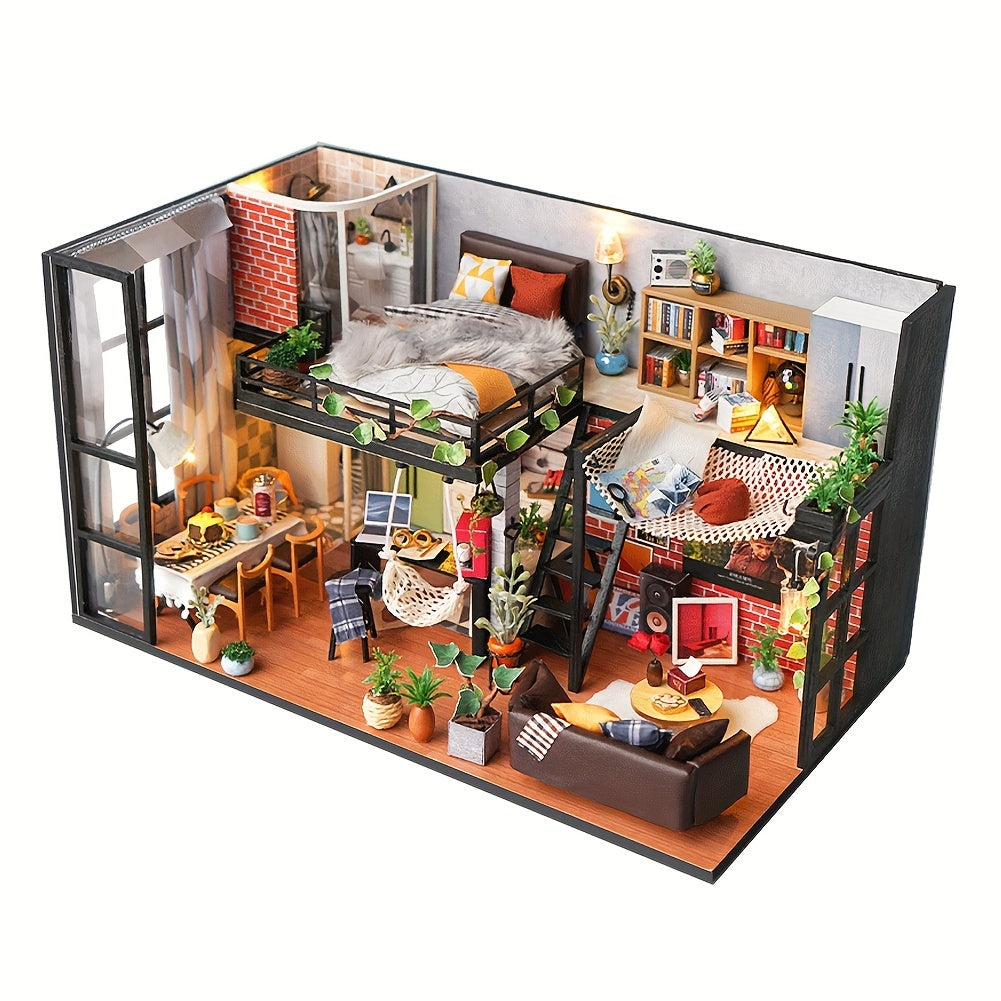 DIY Doll House Kit with Dust Cover - Handmade Multicolor Miniature House Model, 2-Story Building with Furniture-like Parts (No Glue/Batteries) for &, Creative Play & Display, Christmas Gift, Dolls Compatible