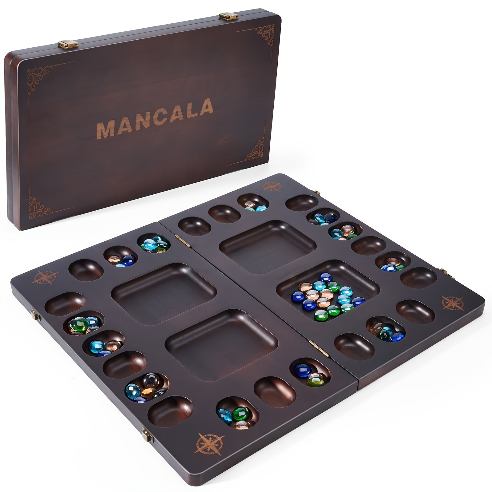 Mancala 4 Player Board Game Set, Luxury Solid Wood Folding Mancala Board, 96+12 Bonus Multi Color Glass Stone Beads Game Instructions Included, Ideal Halloween/Christmas Gift