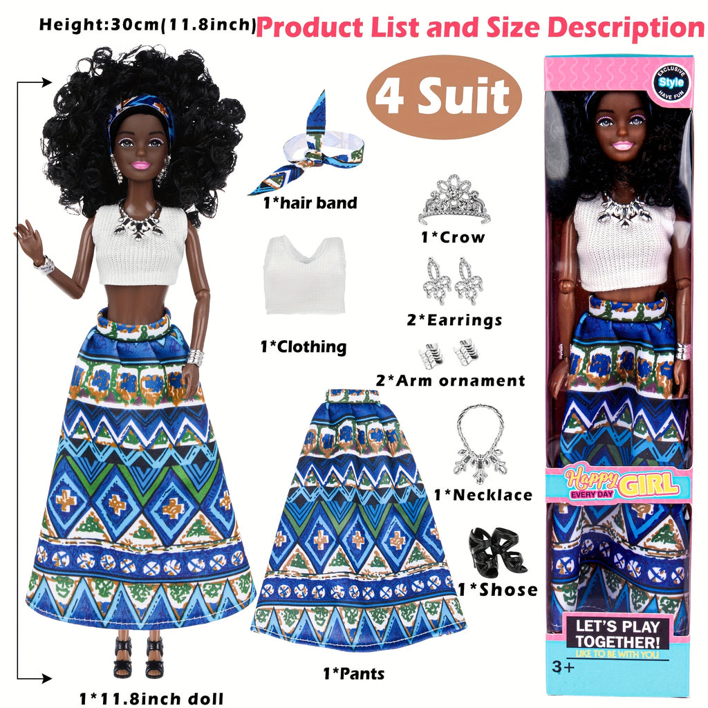 [Girls' Party Favors] 6pcs Fashion 11.5 Inch African American Black Toy Girl Doll Play Set, Curly Hair with Wearing Removable Dress & Accessories, Variety Pack for Kids, Girls' Party Favors
