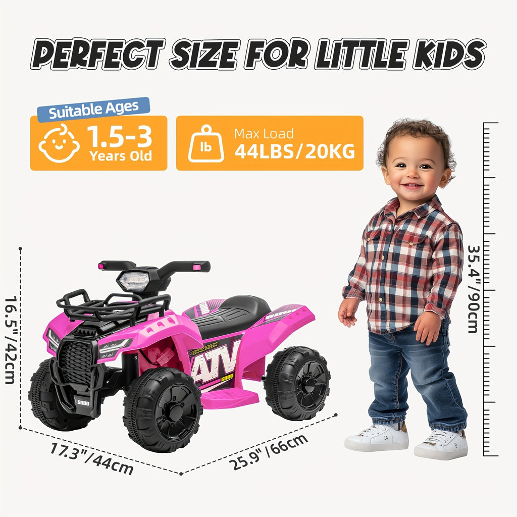 1pc 6V Kids Ride on Toy, 4-Wheeler Quad ATV with 1.2MPH Max Speed, Treaded Tires, Rubber Handles, Push-Button Go, Electric Ride on Toys Best Gifts for 18-36 Months Boys Girls