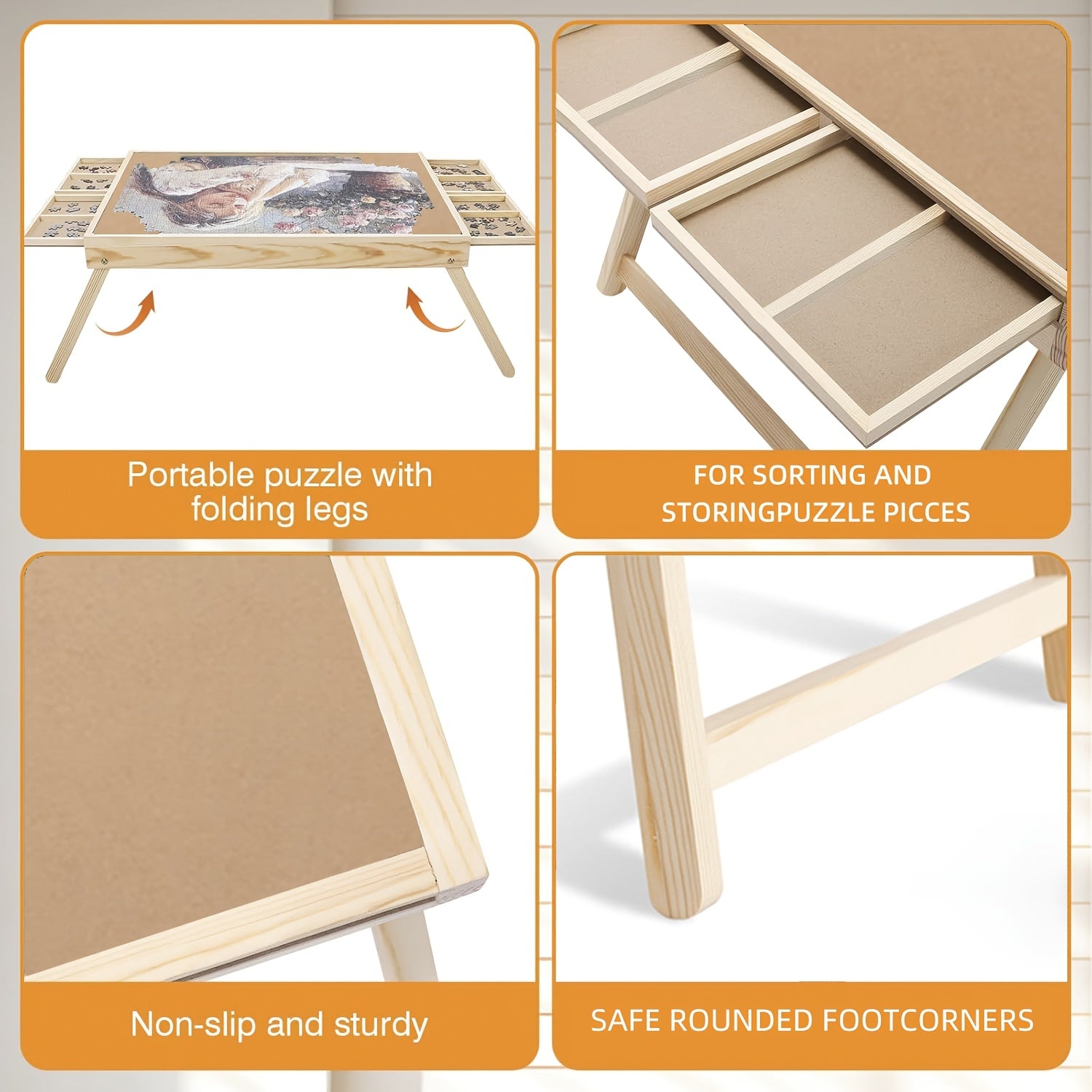 Puzzle Table with Folding Legs, Wooden Puzzle Table with 4 Drawers And 16 Grids, Portable Enlightenment Board for Storage And Sorting - 1000pcs Puzzle Table School Supplies