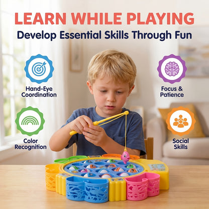 Building Blocks Set Electric Fishing Game Toy for Kids, Musical Rotating Fishing Board with Colorful Fish, Interactive Family Game, Educational Toy for Girls Ages 3+