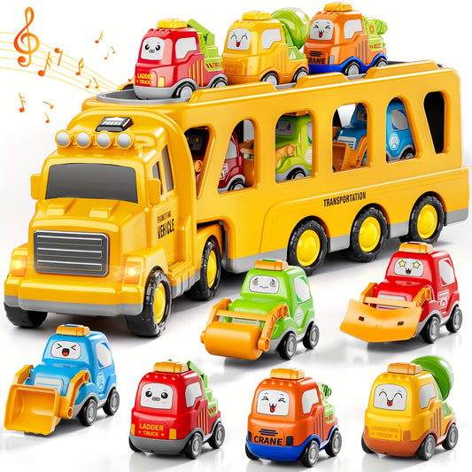 [Birthday Gift] Trucks Toys for Boys Kids, 16.9in Longer Transport Construction Truck with 6 Cars, Car Truck Toys with Lights & Sounds, Birthday Gift for Boys And Girls