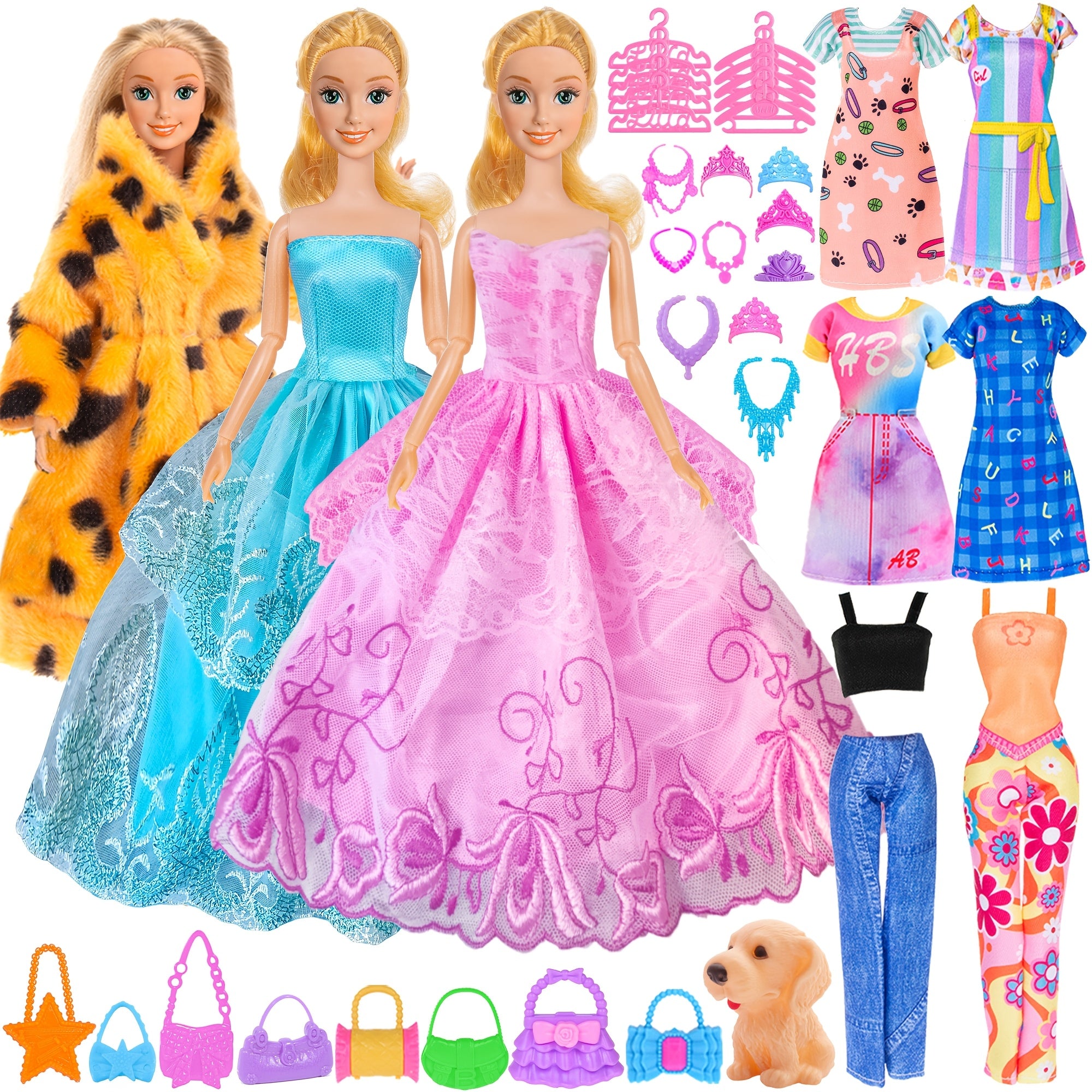 Set of 50pcs of Stylish Clothing And Additions for 11.5-Inch Dolls, Featuring a Fur Coat, Princess Dresses, Trendy Slip Dresses, Outfits, And Bikinis, Perfect As a Christmas Gift for Girls Aged 3 And Up