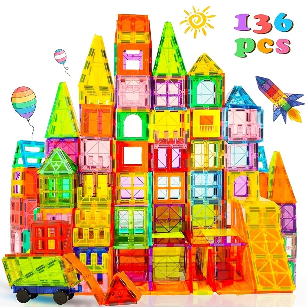 205/136/106/80pcs Magnetic Tiles Kids Toys, Magnet Building Tiles Clear Magnetic 3D Blocks, Creativity Beyond Imagination, Inspirational, Recreational, Educational Conventional, STEM Sensory Educational Toys, Birthday Christmas Gift For Kids Boys Gi