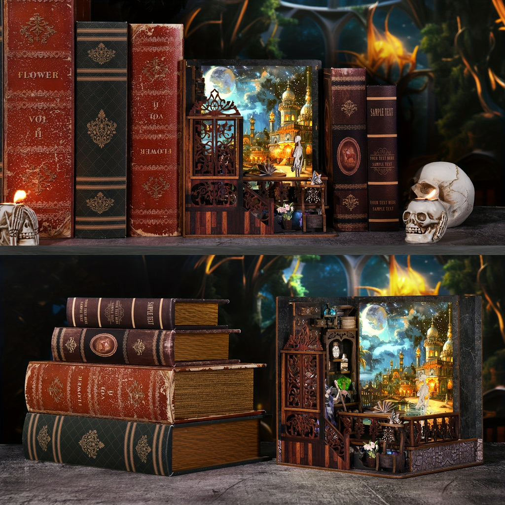 1pc Of Magic Mystery Bookend, DIY Dollhouse Bookcase, 3D Wooden Puzzle Bookcase, Book Corner Mini Kit, Halloween, There Are Witches, Skeletons, Magic And Other Elements, Whiteboard You Can Draw