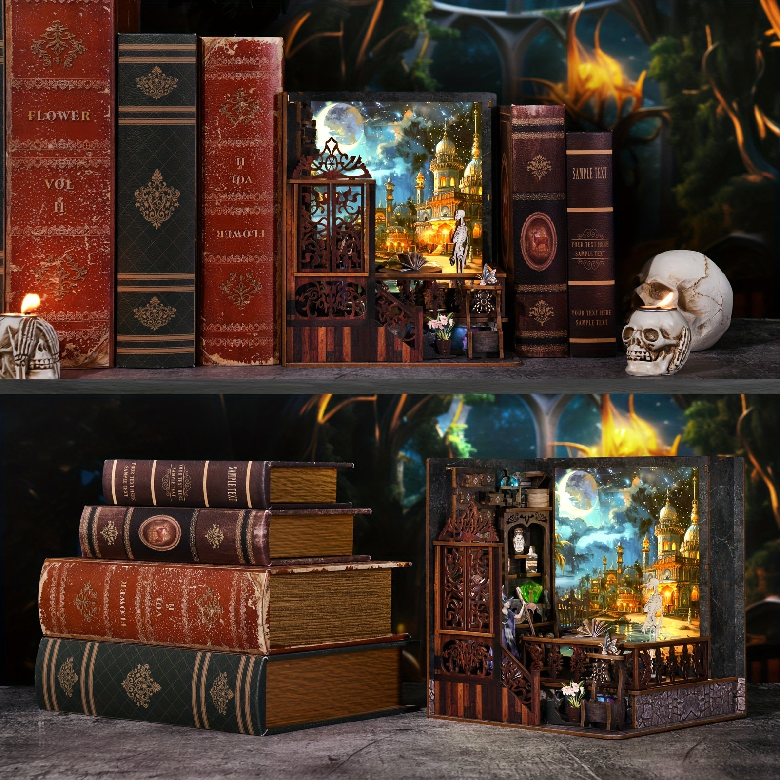 1pc Of Magic Mystery Bookend, DIY Dollhouse Bookcase, 3D Wooden Puzzle Bookcase, Book Corner Mini Kit, Halloween, There Are Witches, Skeletons, Magic And Other Elements, Whiteboard You Can Draw