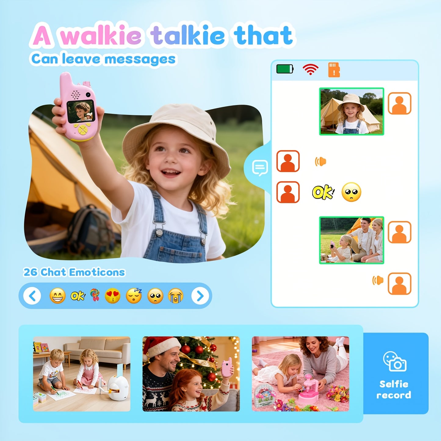 Video Walkie Talkies (2pcs) with Voice Changer, Video Call, Take A Picture, Dual Cameras for Indoor Play Camping Hiking Travel Birthday Gift, Outdoor Communication, Travel Essentials, Colorful Design, Durable(2412-2462MHZ)