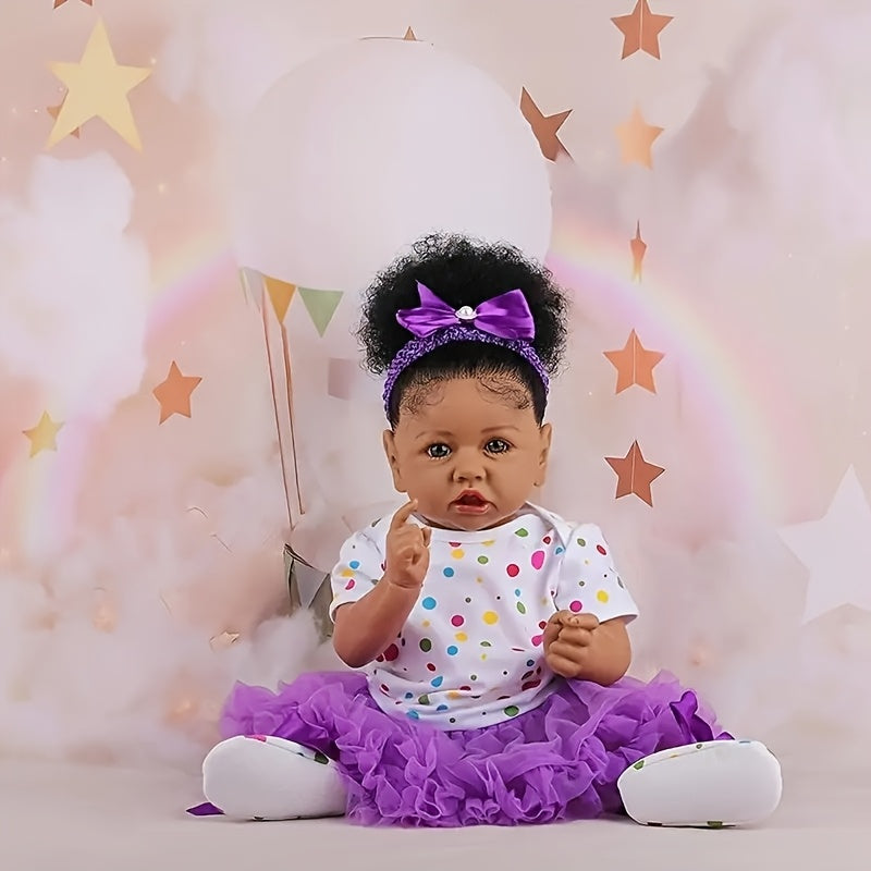 DAYOFF KIDS Reborn Baby Dolls, 21.5 Inch Reborn Doll, Vinyl Black Doll, Beautiful Pupils, African American Full Set Curly Hair Doll for Age 3 & Up -Hand-made Dolls, Hand-painted Paintings, Artworks And Collectibles Can Be Used As Holiday Gifts