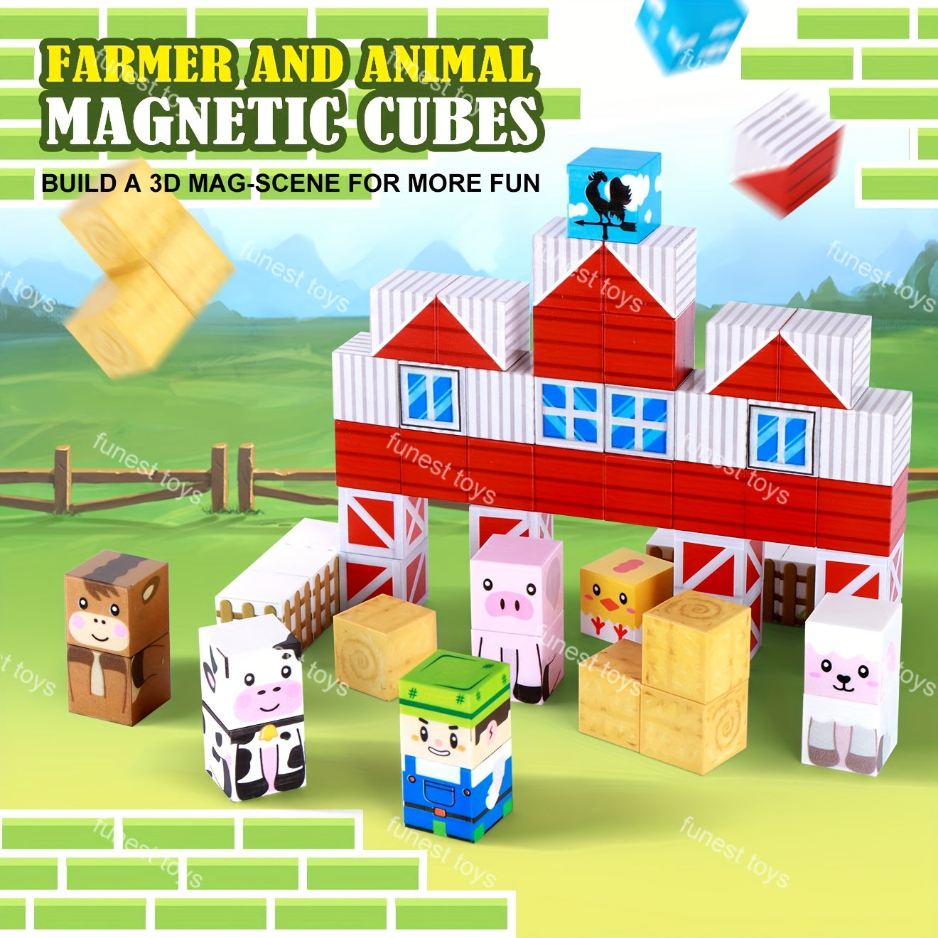 54pcs Magnetic Construction Block Set - Farm Animal And Farmer Theme STEM Educational Toy, Magnetic Cubes for Children, Creative And Learning Building Toys, Ideal Gift for Christmas, Birthdays, And Easter