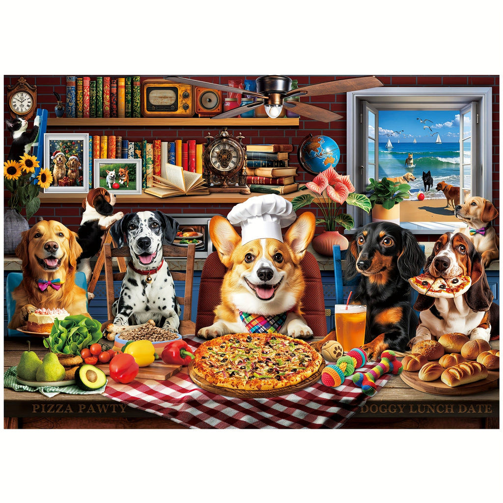 500PCS/1000PCS Dog Jigsaw Puzzles for Adults, Dogs' Dinner Party with Letters On Back, Funny Animal Puzzle, Relax Challenging Puzzles for Family Game Night, Home Wall Decoration Office Decor Men Women Birthday Gifts Thanksgiving Christmas Gift
