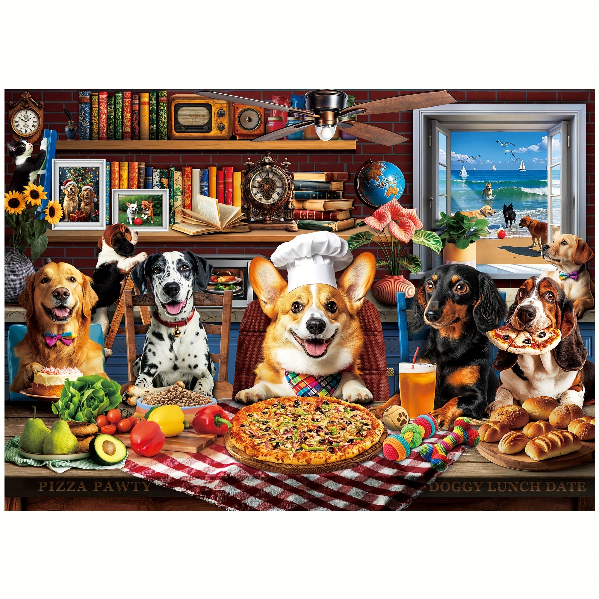 500PCS/1000PCS Dog Jigsaw Puzzles for Adults, Dogs' Dinner Party with Letters On Back, Funny Animal Puzzle, Relax Challenging Puzzles for Family Game Night, Home Wall Decoration Office Decor Men Women Birthday Gifts Thanksgiving Christmas Gift