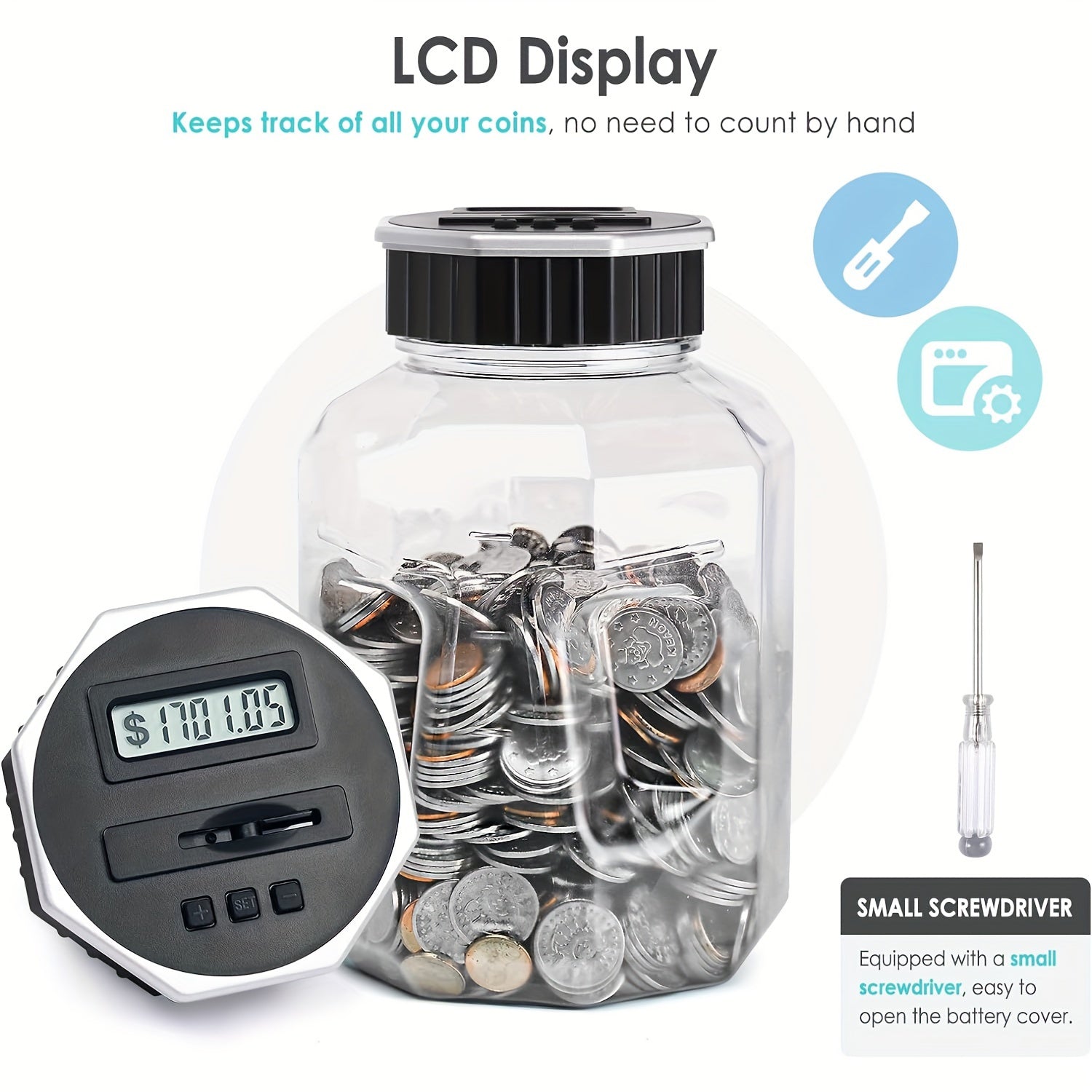 Extra-Large Adult Piggy Bank | Digital Coin Counting Jar with LCD Counter, 2.4-Liter Capacity, Displays Total Amount, Transparent Acrylic, Silvery