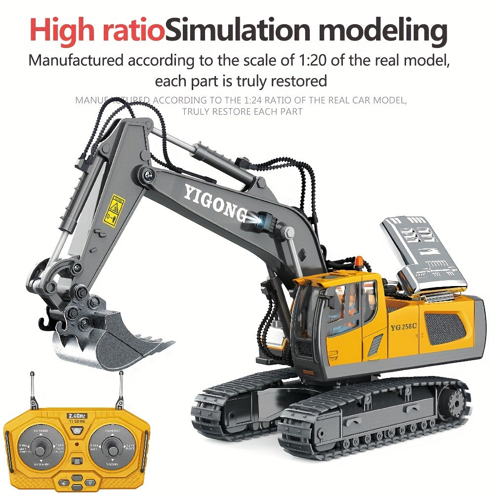 [Metal Scoop, Lights, Sounds] Excavator Toy With, Featuring a Metal Scoop, Lights, Multiple Sound Effects, 2.4Ghz Frequency, And 680-Degree Rotation, Scaled at 1:18