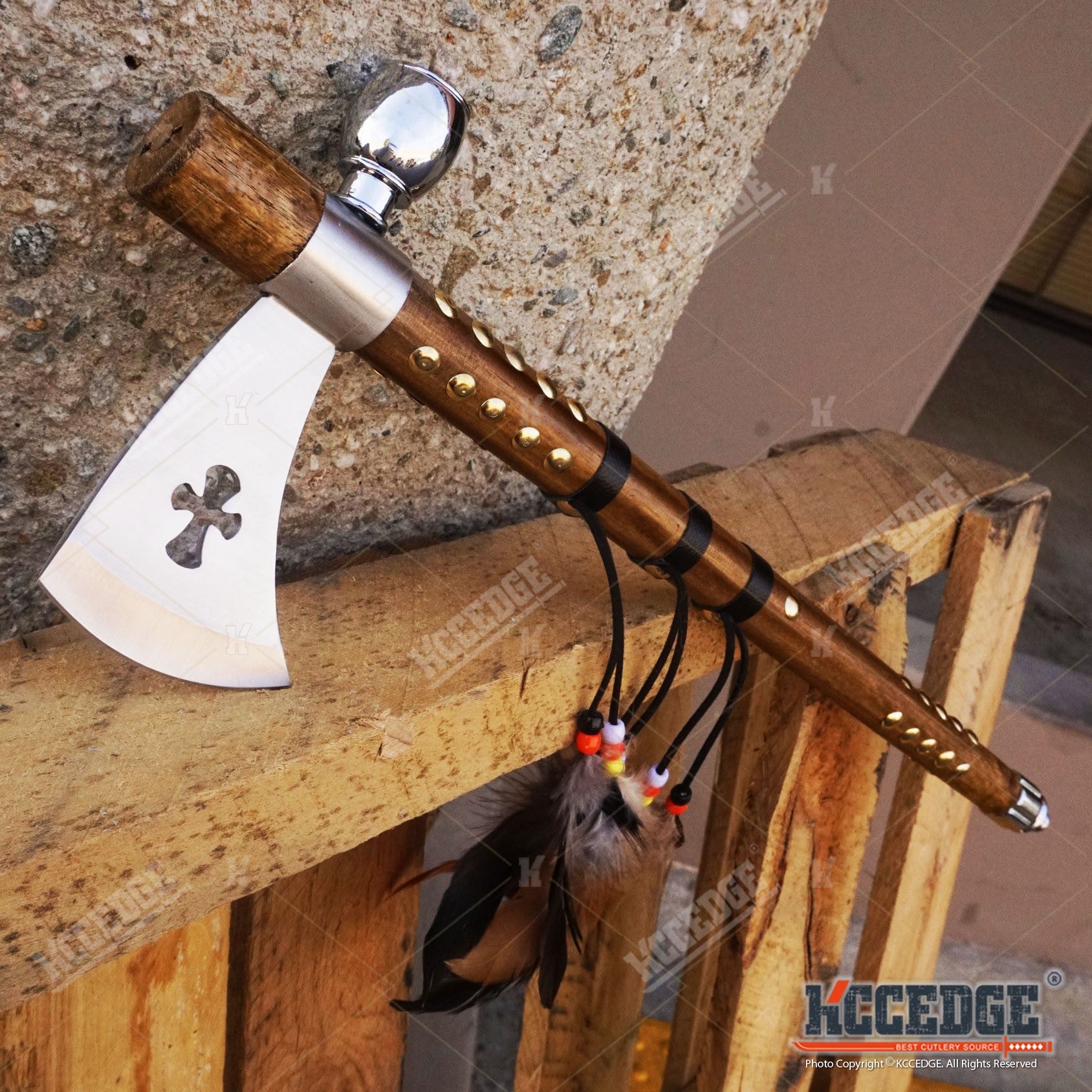 19" Native American Indian Hatchet Tomahawk w/ Non-Functional Peace Pipe Southwestern Style Replica Axe Display with Stainless Steel Bowl & Wooden Handle - Wrapped Shaft with Feather & Brass Accents - Decorative Hatchet Collectible for Western Decor & Cul