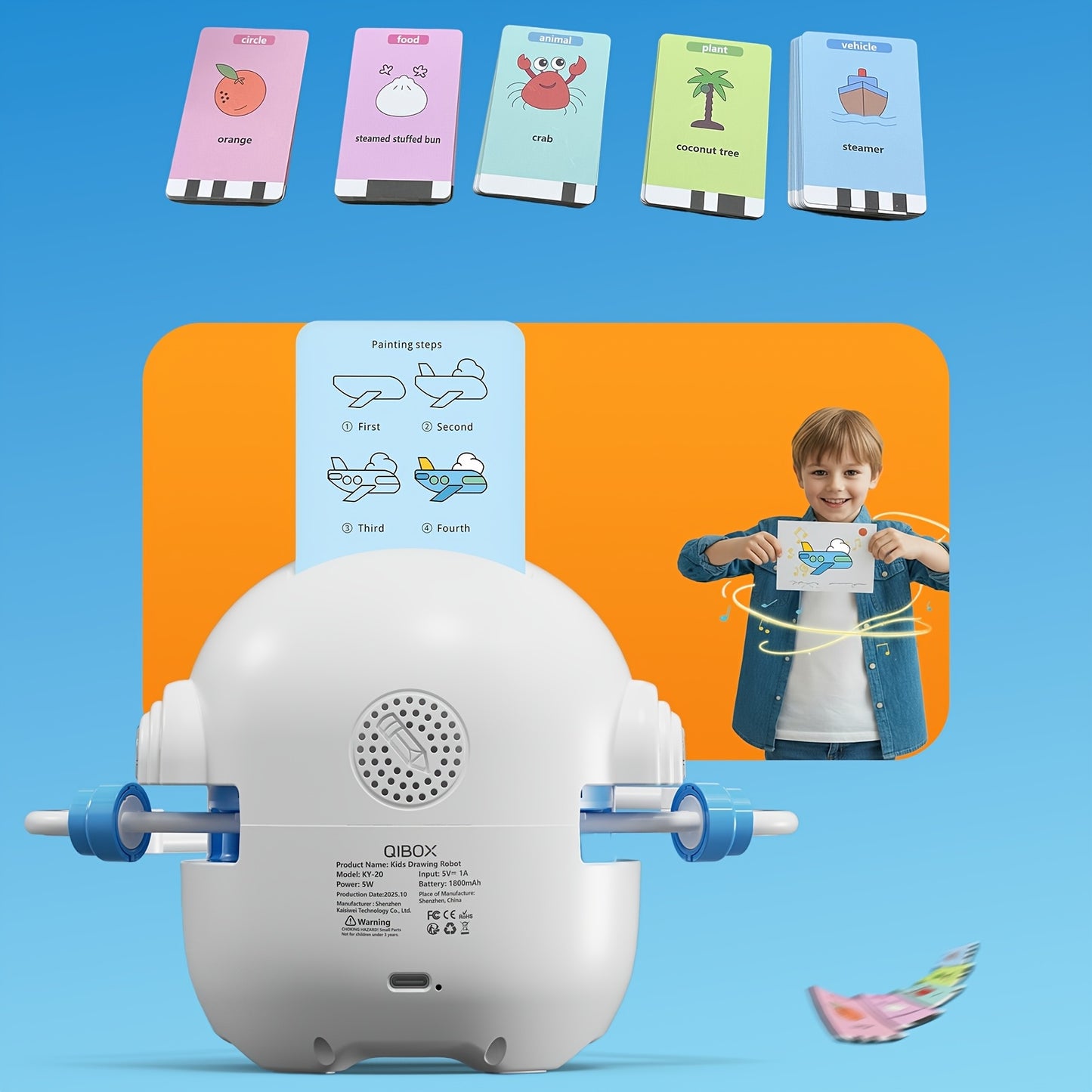 Drawing Robot, Rechargeable Four in Interactive Educational Robot Drawing Machine, with 100 Cards and Color Pens, 3-8-year-old Boys and Girls Birthday and Christmas Learning Toys.