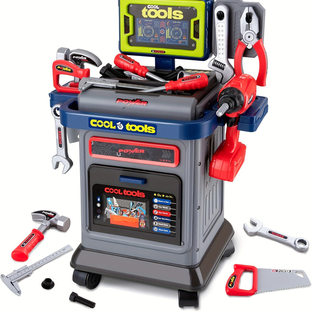 THCBME Kids All-in-One Tool Kit with 41+ Accessories, Folding Workbench & Electric Drill Toy - STEM Engineering Playset with Storage, Interactive Construction Playbench with Tool Storage, Realistic Role-Play Set for Boys & Girls Ages 3-5, - Drill with Gua