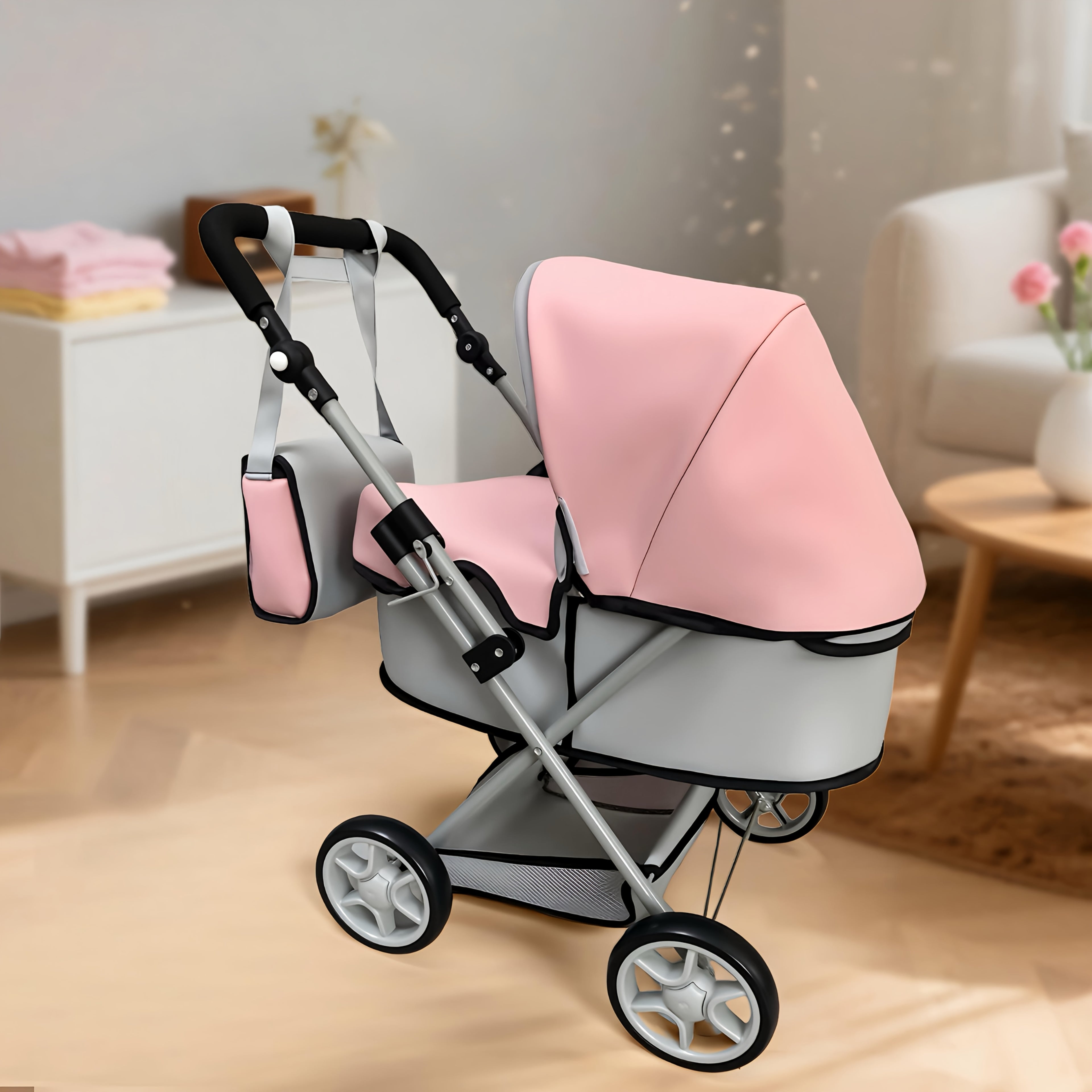Novocreation Adjustable Height & Foldable for doll Stroller - Light Gray/Pink, 16-20 Inch for dolls, Durable Plastic with Storage Basket & Ergonomic Handle, Ideal Gift for Doll Accessories, for doll Stroller, Playful Design, Sturdy Construction