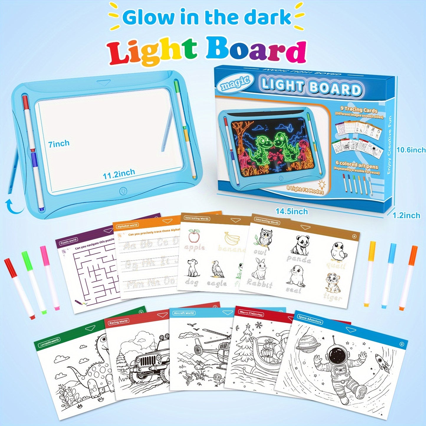 LED Light-Up Drawing Writing Doodle Board, Learning Travel Toy with 9 Double-Sided Cards, 6 Markers, Art Set, Suitable for Birthday Gifts And Christmas Gifts for Girls And Boys Aged 3-8.