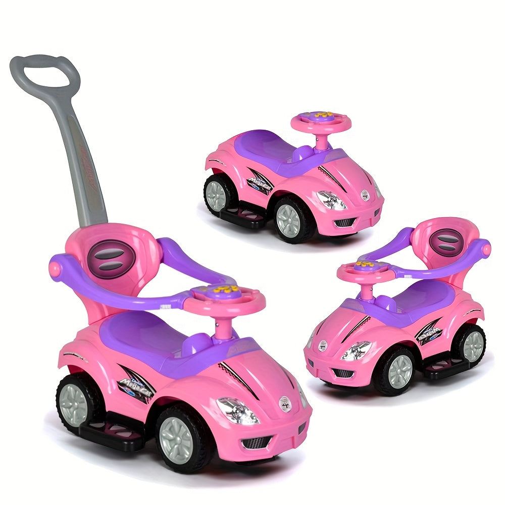 [Fun Playset] 3-in-1 Youngsters Playset: Pink Push, Ride & Walker Car | Safe & Fun for Indoor/Outdoor Play with Guardrail, Music & Under Seat Storage - Ages 18-36 Months