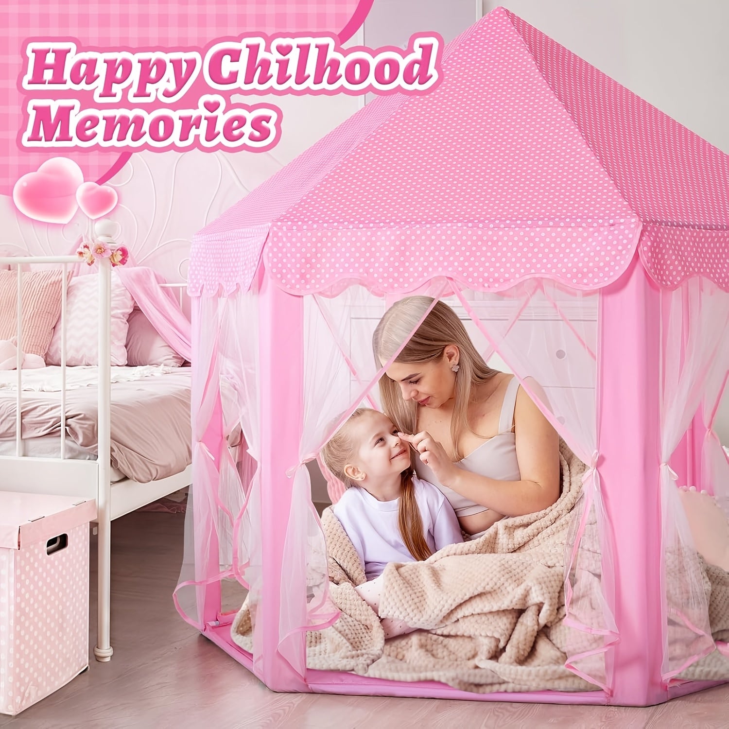 [Birthday Surprise Gift] Pink Princess Hexagon Game Tent, Indoor Dream Castle Gauze Curtain Small House, Girl Pretend Play Secret Base, Baby Reading Corner Toy House, Parent-Child Interactive Game House, Girlie Heart Atmosphere Kids Room Decoration, Birth