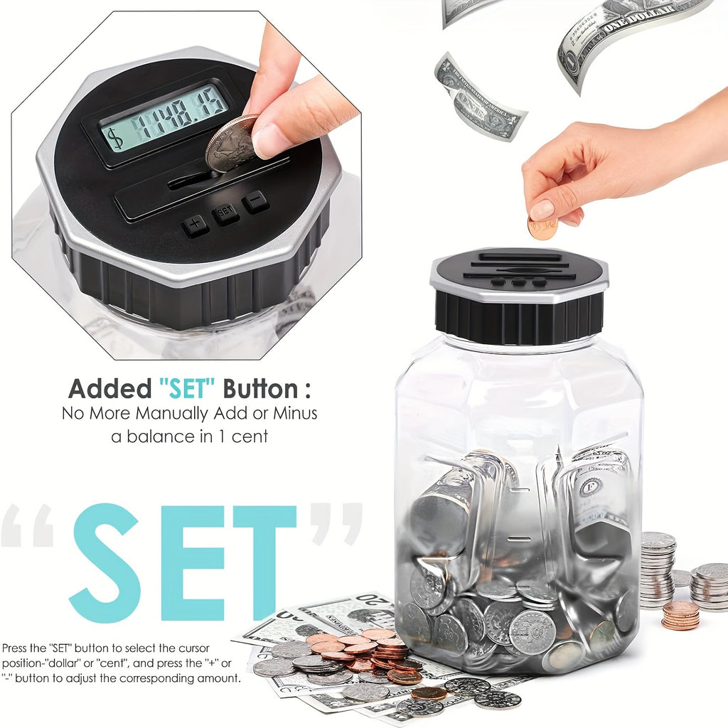 Extra-Large Adult Piggy Bank | Digital Coin Counting Jar with LCD Counter, 2.4-Liter Capacity, Displays Total Amount, Transparent Acrylic, Silvery