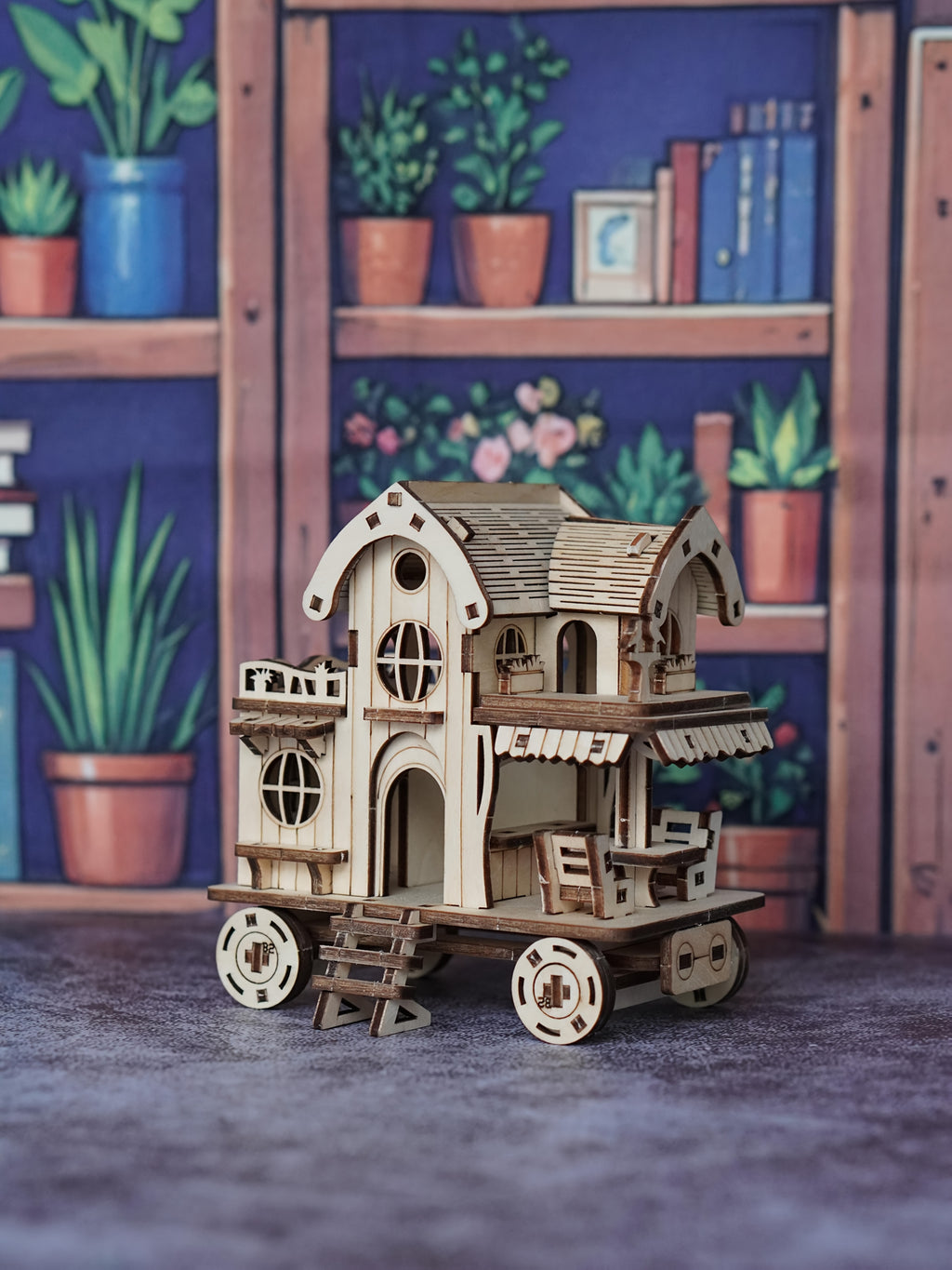 A 3D Wooden Puzzle of a Villa, Featuring a Mobile House on Wheels, Designed As a Model of a Wooden Café Bar. These Handcrafted Wooden Assembly Blocks Make an Ideal Gift for Loved Ones