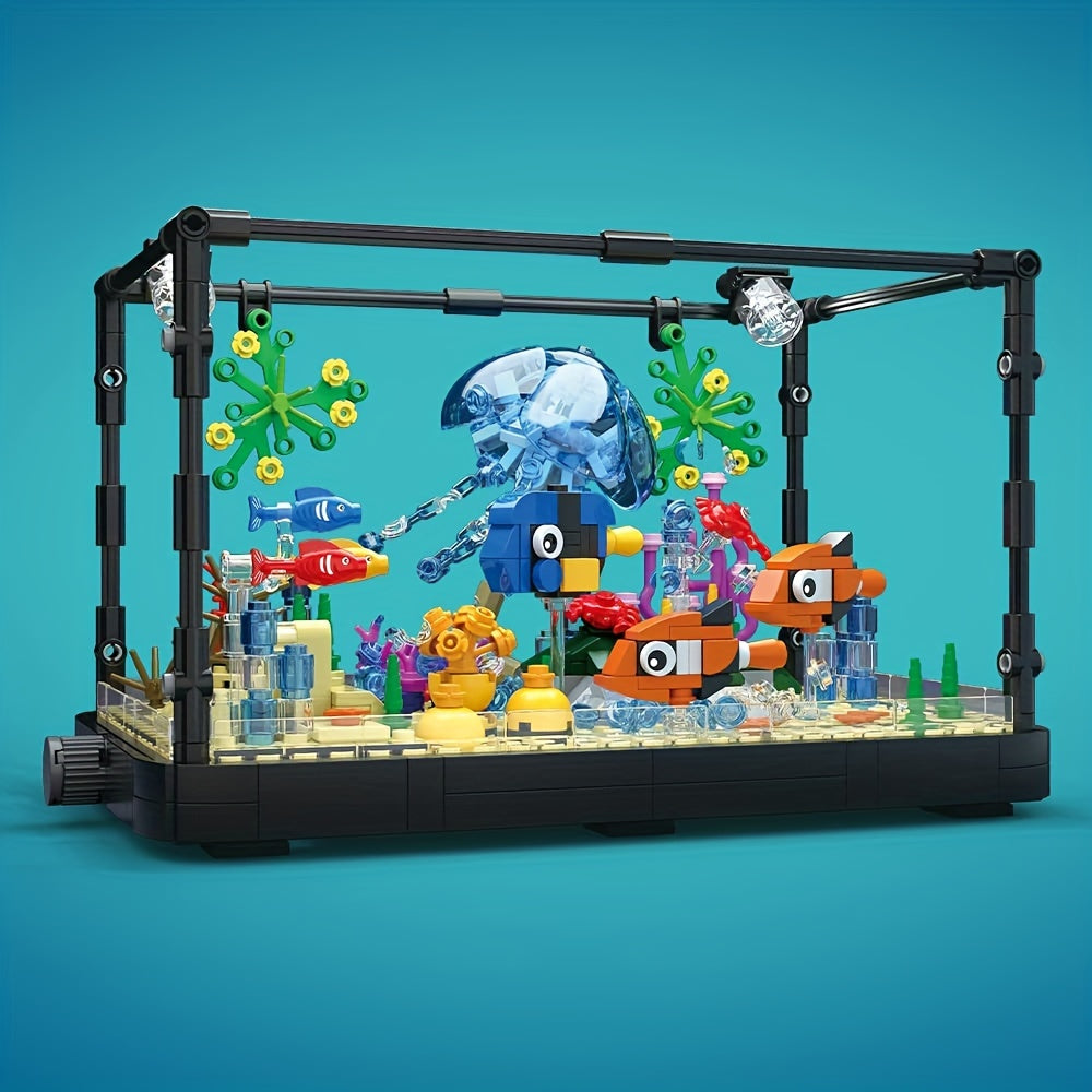 Fish Tank Building Block Set with Light, Aquarium, Marine Jellyfish, Building Block Toy for Home Decor