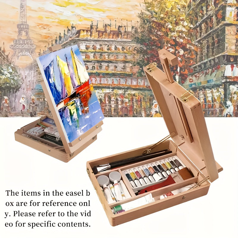 14pcs New Outdoor Painting Set Painting Box, Sketch Box, Portable Adjustable Wooden Tabletop Easel, Including Paint, Tray, Canvas, 4 Pens, Shovel