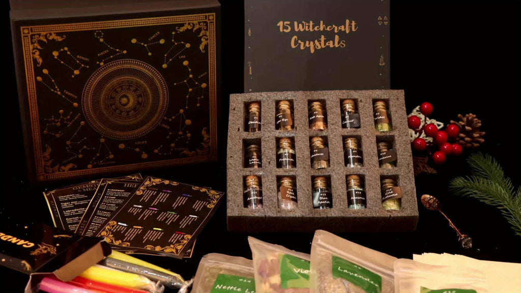 60pcs Witchcraft Supplies Kit for Beginners, Not Edible, Wiccan Supplies And Tools with Crystals Candles, Witch Altar Spell Set for Rituals, Energy Cleansing, Dried Flowers for Crafts, Witchy Gifts Box for Women, for Halloween