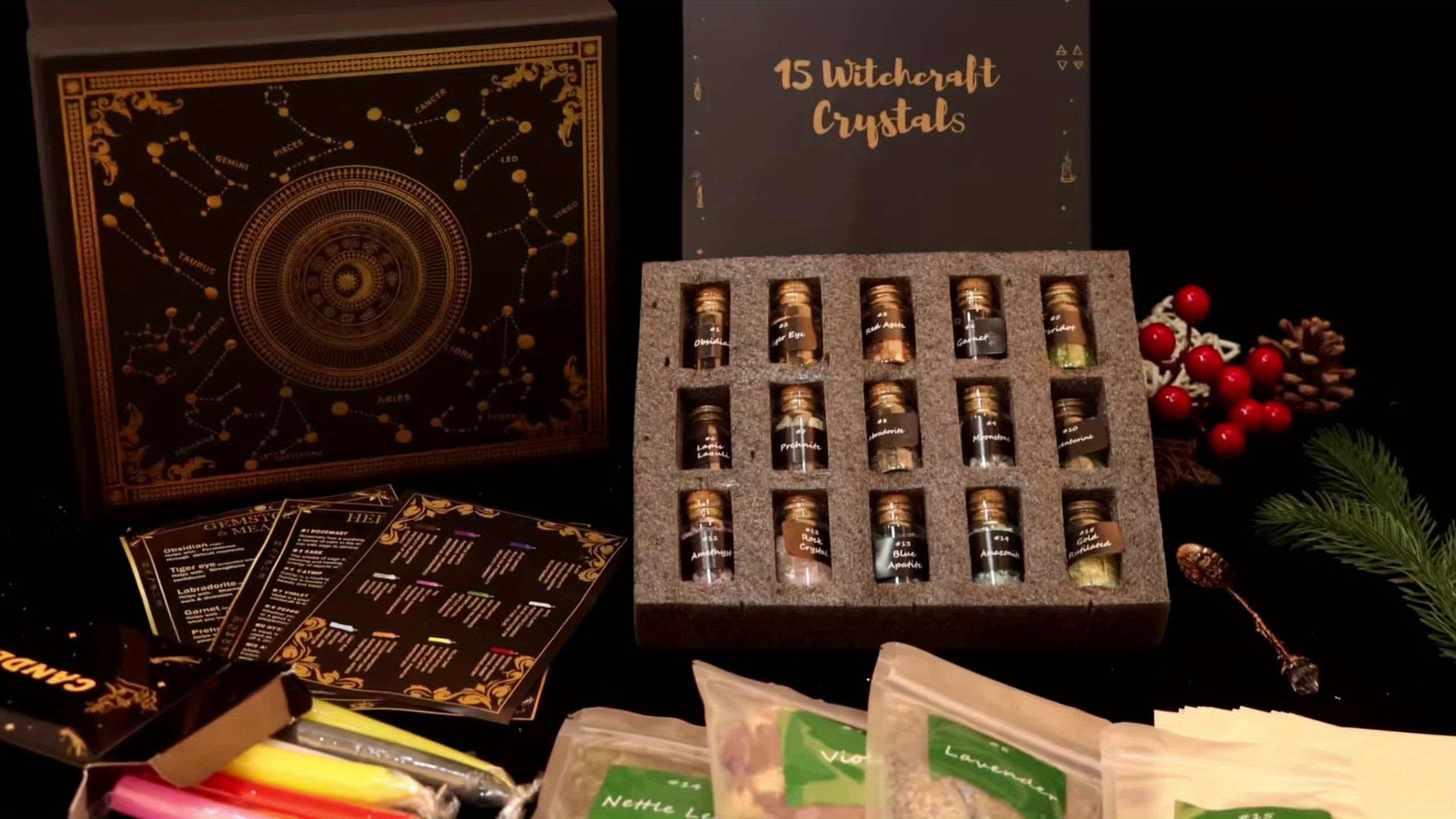 60pcs Witchcraft Supplies Kit for Beginners, Not Edible, Wiccan Supplies And Tools with Crystals Candles, Witch Altar Spell Set for Rituals, Energy Cleansing, Dried Flowers for Crafts, Witchy Gifts Box for Women, for Halloween