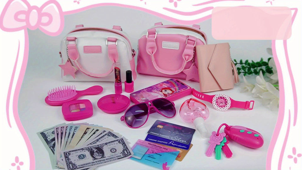 Pink Princess Play Purse, with Handbags, Phone, Pretend Makeup Play Purse, Lipstick & Keys, Crossbody Bag, (No Color Can Be Spread) Christmas Birthday Gifts for 3+Year Old Girls