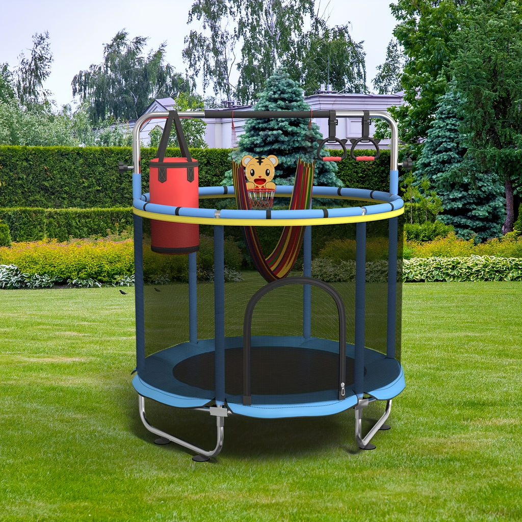 1pc 60" Height Adjustable Trampoline with Enclosure, 440Lbs Capacity Indoor & Outdoor Round Trampoline with Gymnastics Bar & Toys |Height Adjustable Trampoline |Indoor & Outdoor Trampoline