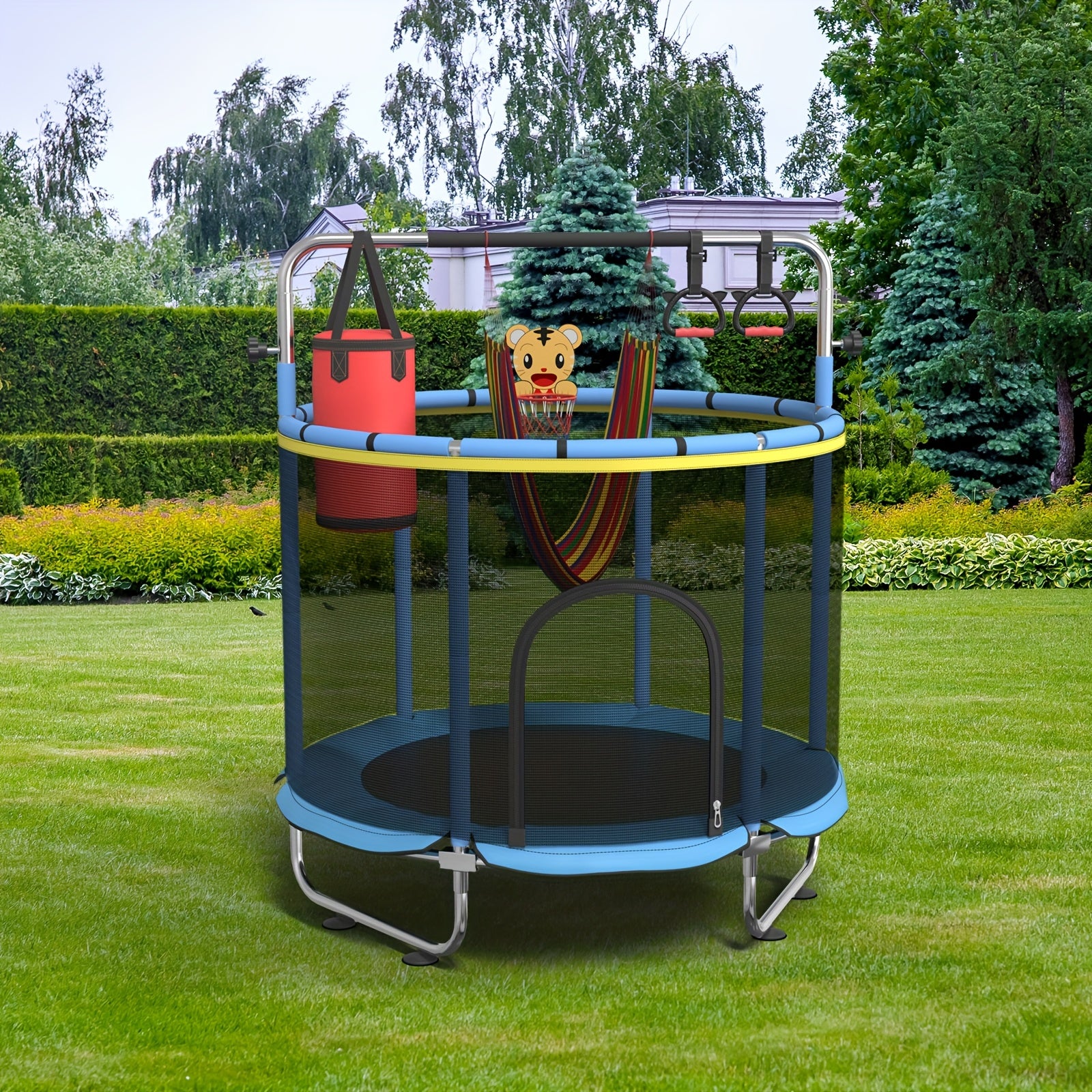 1pc 60" Height Adjustable Trampoline with Enclosure, 440Lbs Capacity Indoor & Outdoor Round Trampoline with Gymnastics Bar & Toys |Height Adjustable Trampoline |Indoor & Outdoor Trampoline