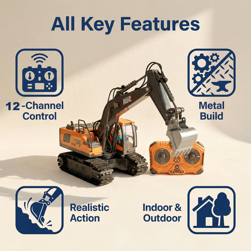 1pc 9-Channel Excavator, 2. 4Ghz RC Construction Vehicle Truck Toys with Alloy Metal Cap, Light, Sound, Rechargeable 1 Battery for Halloween Thanksgiving Christmas Gift